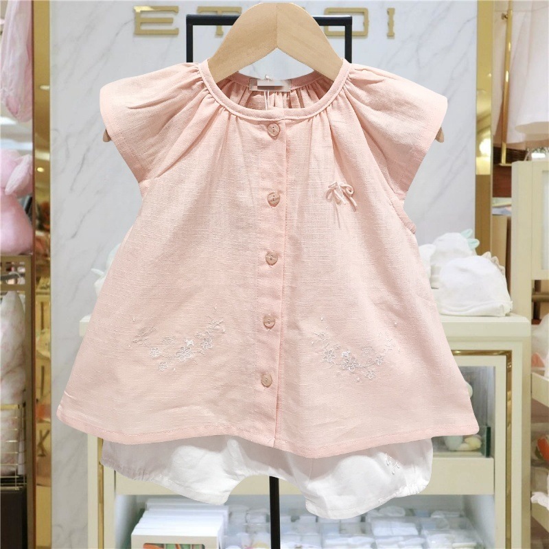 Women's Baby Summer New Light Powder Short-sleeved Top White Shorts Two-piece MS540901 Korean Children's Wear