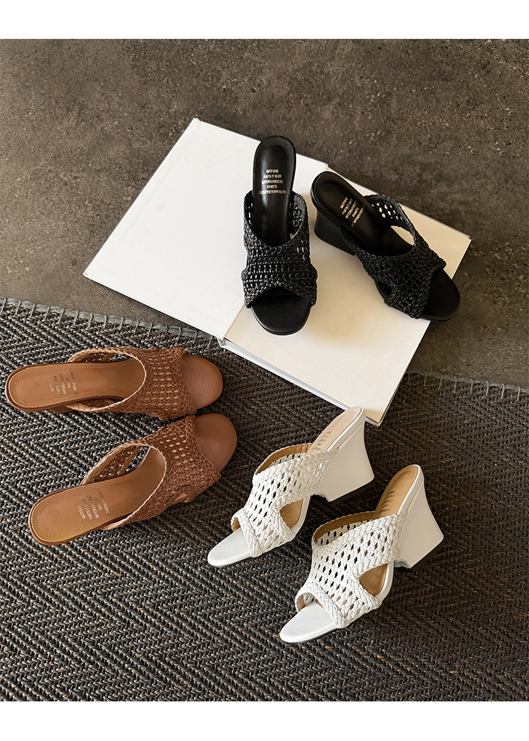 Sandal cao gót nữ hở mũi đan lát phong cách thiết kế độc đáo, gót nêm 9 cm — màu nâu, màu đen, màu trắng chi tiết 20