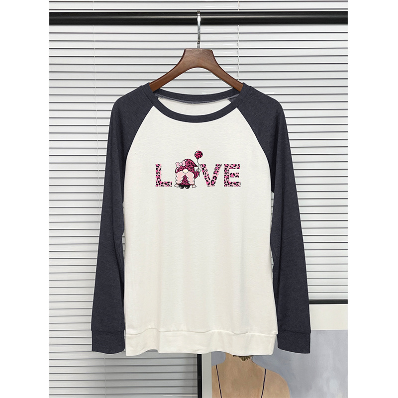Summer round neck patchwork long sleeved t-shirt, women's LOVE Valentine's Day printed top_voghion.com