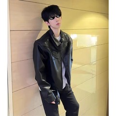 美式高街机车皮衣外套男春秋高级感痞帅男装垫肩小众设计短款夹克