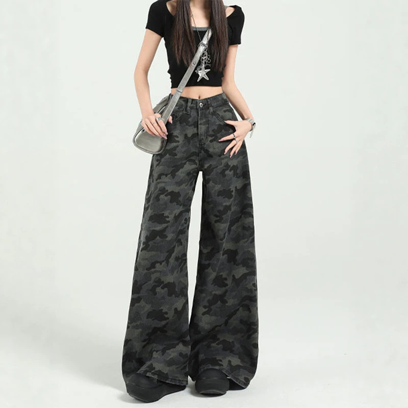 American-Style Wide-Leg Camouflage Jeans for Women, Summer Loose Straight-Leg Denim Wide-Leg Pants, Slimming Pants for Women American-Style Wide-Leg Camouflage Jeans for Women, Summer Loose Straight-Leg Denim Wide-Leg Pants, Slimming Pants for Women