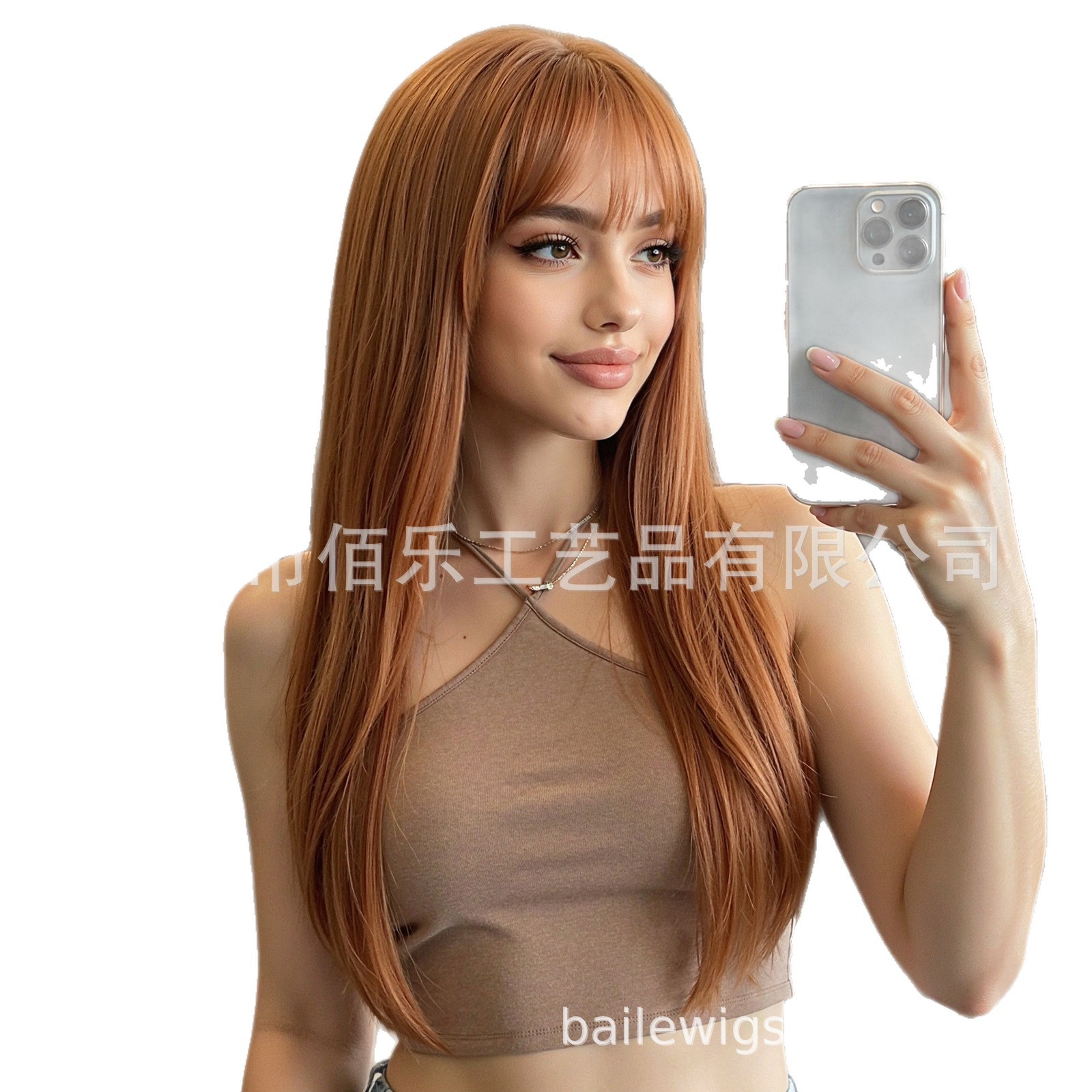 Perruca de cabello largo recto para mujer toque naranja marrón Qi Liuhai peluca Xuchang wig