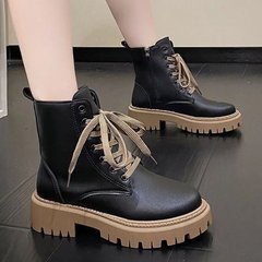 系带英伦风马丁靴女款2025秋冬韩版圆头白色靴子时尚粗跟厚底短靴