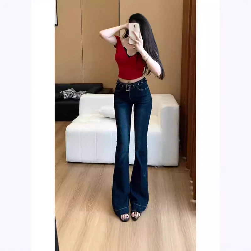 Low Waist Tight Belt Micro-blah Jeans Women's 2024 Summer New Stretch Slim Look All-match Flared Pants Small Waist