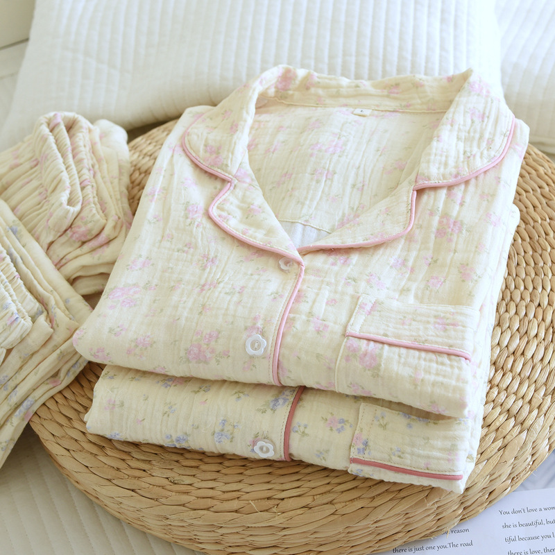 Spring and Autumn New Women's Sweet Pajamas Comfortable Long-Sleeved Long Pants Turn-Down Collar Crepe Home Wear Pure Cotton Double-Layer Gauze Spring and Autumn New Women's Sweet Pajamas Comfortable Long-Sleeved Long Pants Turn-Down Collar Crepe Home Wear Pure Cotton Double-Layer Gauze