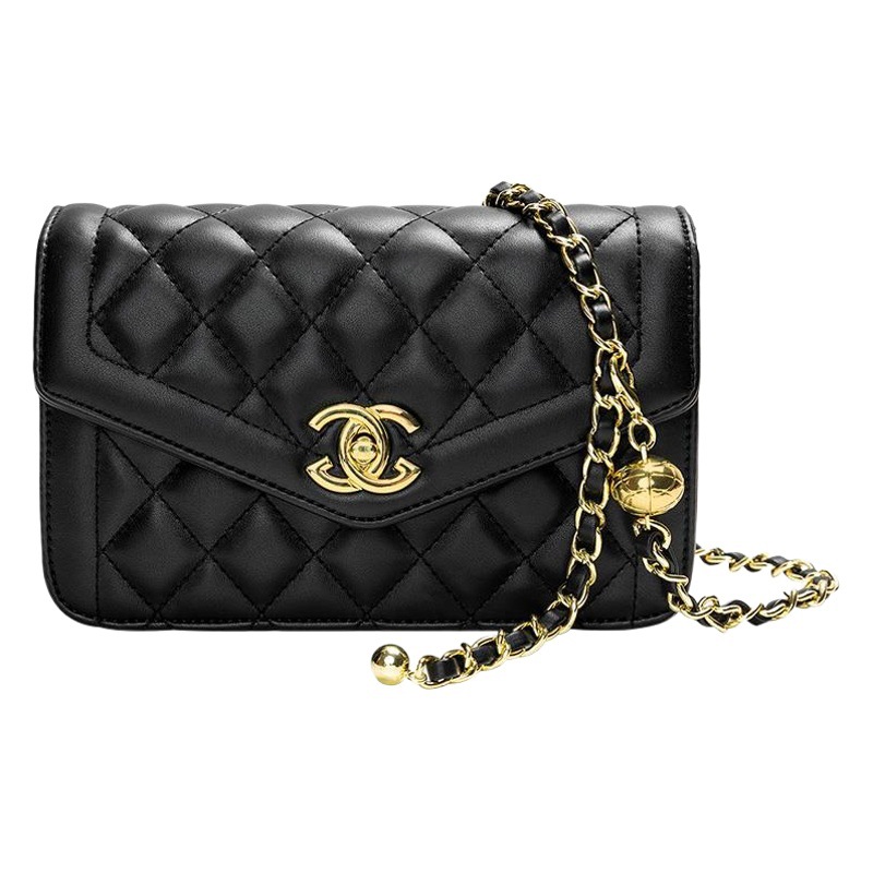 Bolso de Hombro de Cadena de Cuero Genuino Nuevo Otoño 2024, Estilo Versátil de Celebridad de Internet, Inspirado en Chanel, con Cuentas Doradas Acolchadas, Bolso de Mujer