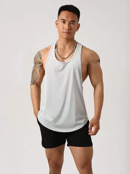 Nylon High-Elastic Quick-Drying I-Shaped Vest for Iron Fitness High-Density Comfortable Men's Solid Color Round Hem Muscle