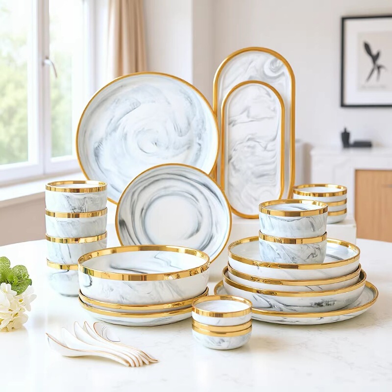 Nordic Tableware Marble Ceramic Dishes Set Ceramic Household Rice Bowls Dishes Soup Plates Steak Plates Cross-Border