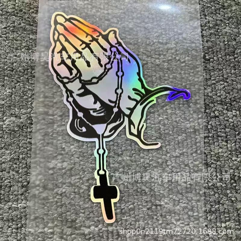跨境外贸七彩镭射汽车贴纸珍珠念珠祈祷合手车窗玻璃摩托车贴装饰|undefined