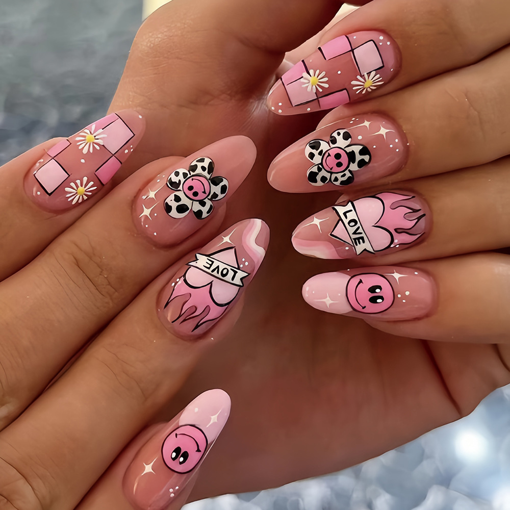 Comercio extranjero venta caliente de dibujos animados sol sonriente parche de uñas amor llama manicura falsa uñas