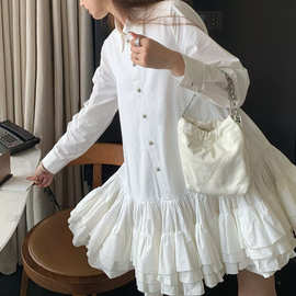 工厂 秋季伊丽莎白 重工大裙摆法式衬衫连衣裙白色蓬蓬短裙设计感
