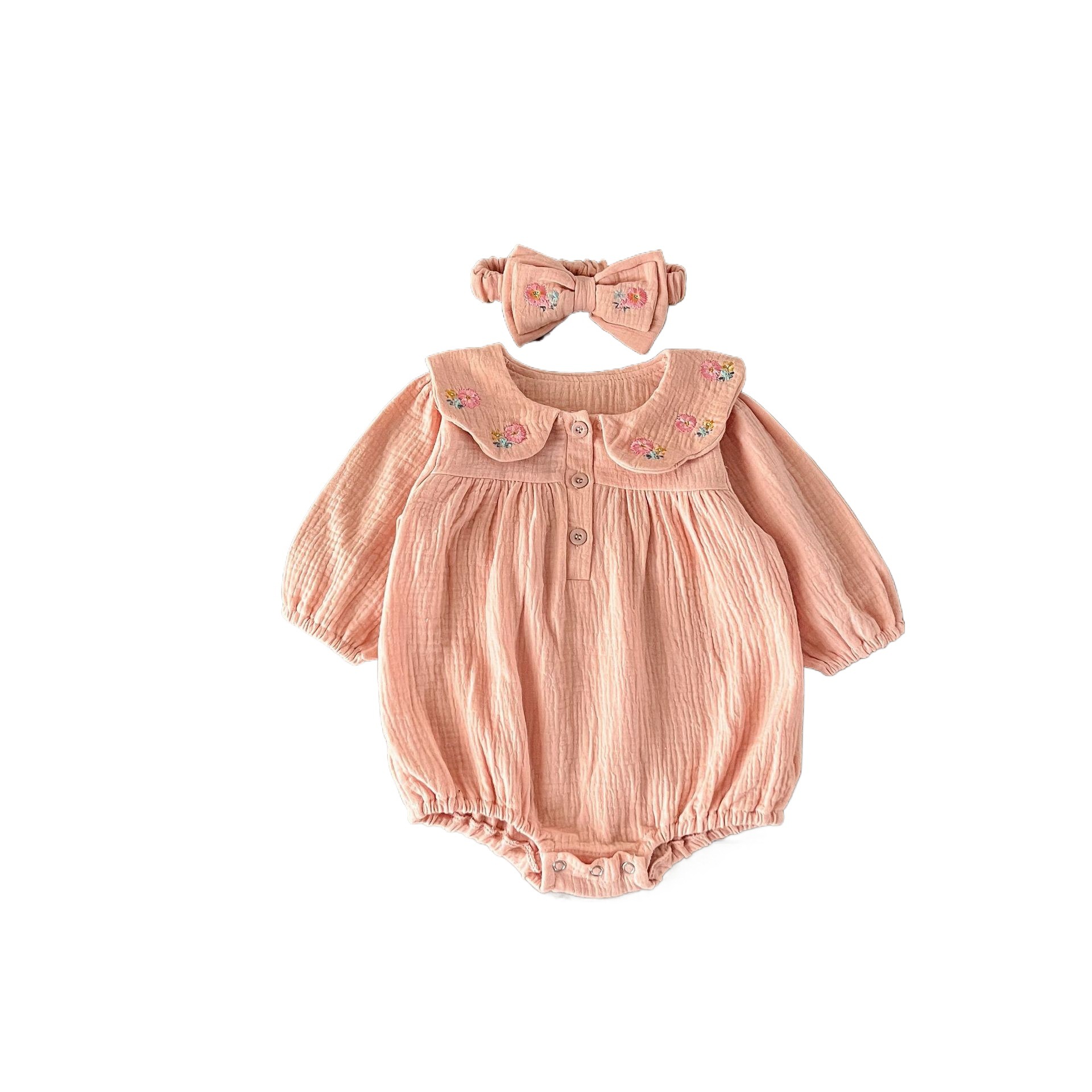 INS estilo coreano niñas bebé algodón de doble capa gasa mono mameluco flor bordado solapa mameluco con pañuelo en la cabeza