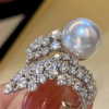 Brand trend retro advanced wedding ring from pearl, french style, diamond encrusted, high-quality style, on index finger, internet celebrity