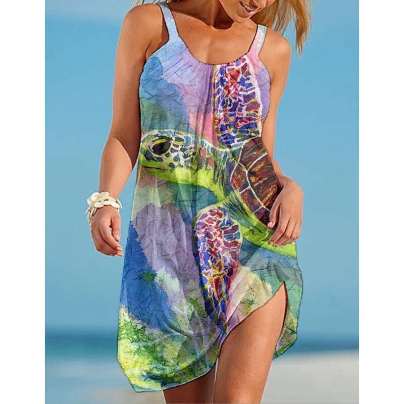 2023 New 3D Print Turtle Ocean Theme Loose Anchor Casual Sling dress Women Top Clothing