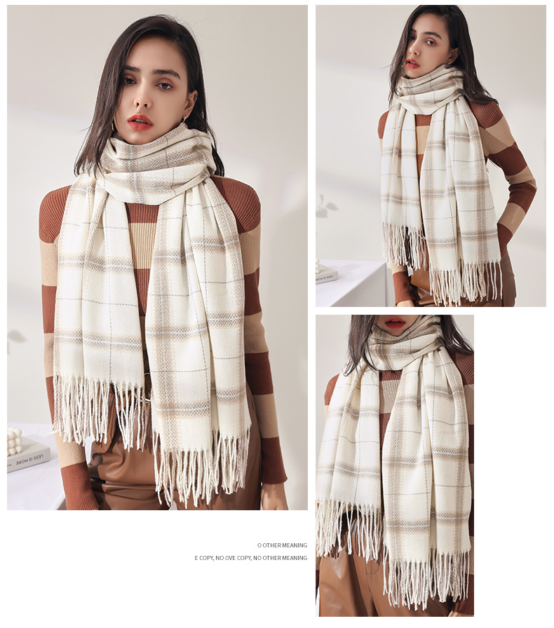 2024 Fashion Checkered Scarf New Cashmere Scarf Women's Sweet Shawl Warm Woven Tassel Autumn And Winter Scarf_voghion.com