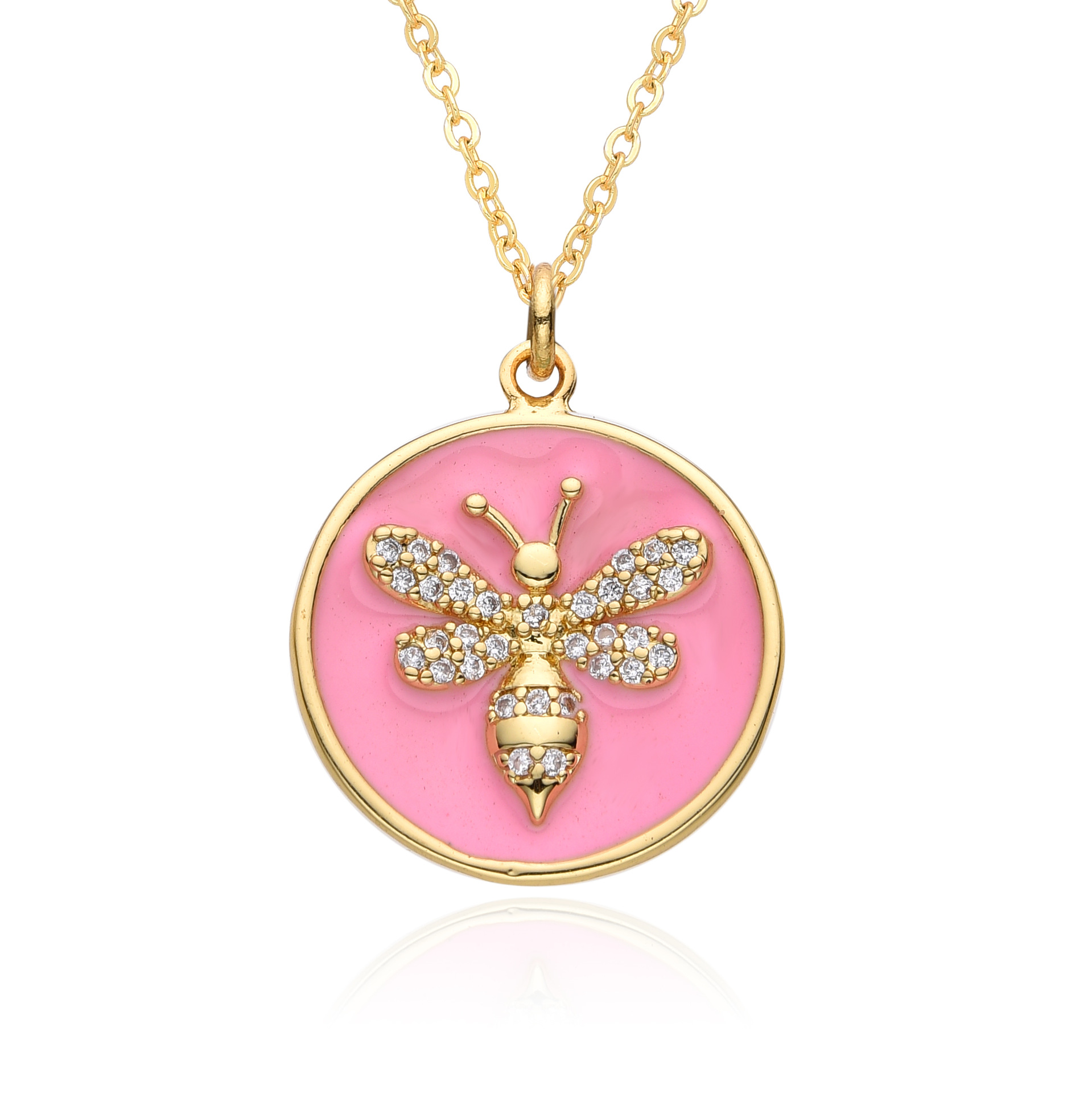 Holiday, Daily Occasion Copper Gold Plated Enamel Inlay Round Lion Bee Zircon Pendant Necklace