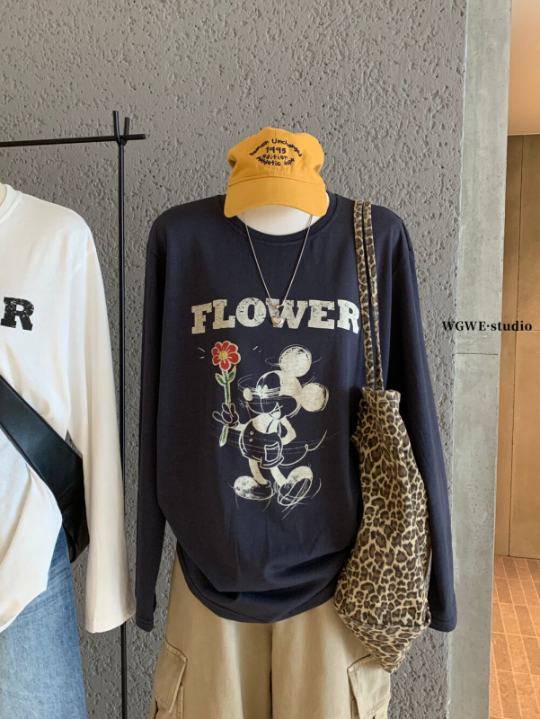 WGWE早秋韩系简约趣味米老鼠印花宽松显瘦休闲圆领长袖T恤女W7010|undefined