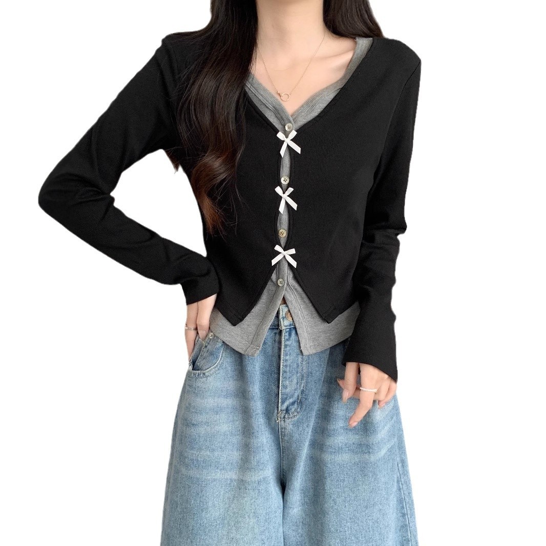 플러스 사이즈 통통한 MM2024 초가을 새로운 프랑스 디자인 활 니트 셔츠 블랙 가짜 2 피스 긴팔 탑