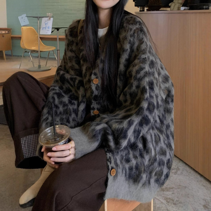 圆领宽松单排扣拉毛加厚豹纹毛衣开衫秋冬女2025新款慵懒针织上衣|undefined