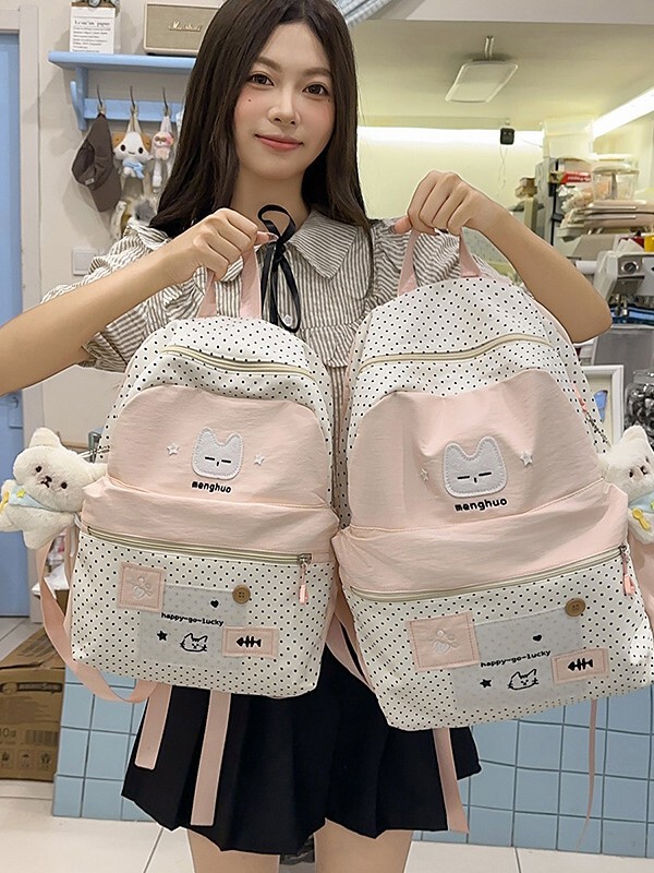 日系新款高颜值清新甜美可爱猫咪波点背包初高中生轻便春游双肩包|undefined