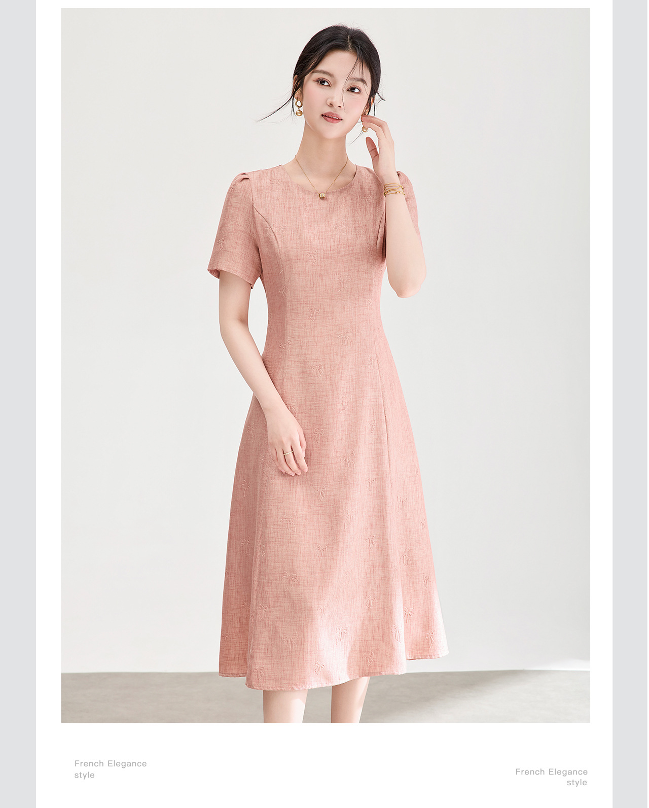 Đầm chữ A nữ cao eo họa tiết jacquard nơ — màu hồng chi tiết 7