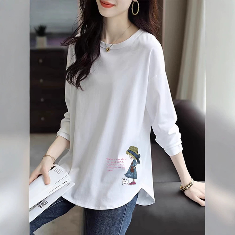 Pure cotton 2026 autumn new white long-sleeve T-shirt for women with irregular hem, versatile basic top Pure cotton 2026 autumn new white long-sleeve T-shirt for women with irregular hem, versatile basic top