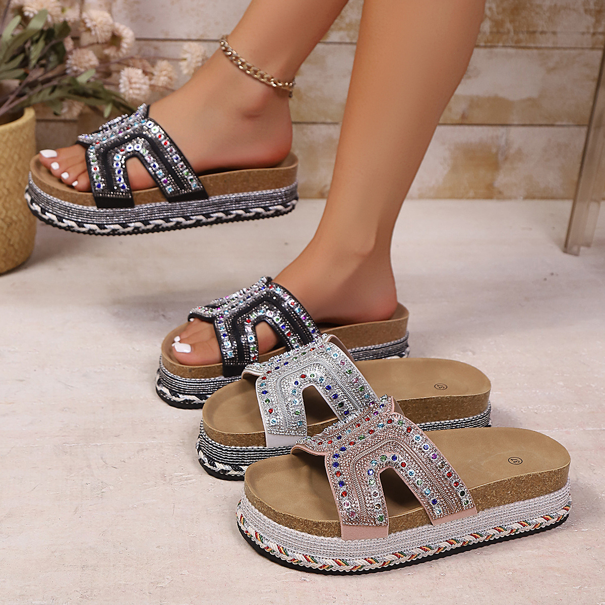 Women's Rhinestone Platform Sandals Summer New Style With Cork Buckle Size 43 Shoes_voghion.com