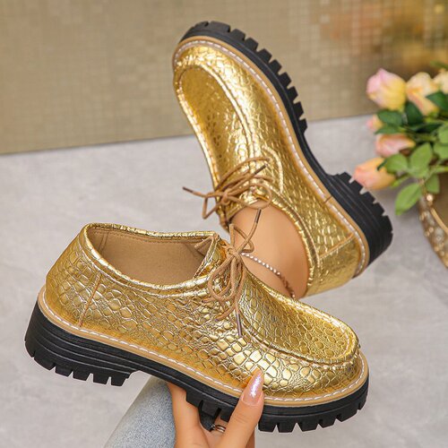 Large size soft-sole casual single-layer shoes for autumn and winter independent stand square head solid color stitching lacing loafers