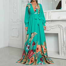 跨境雪纺长裙 春夏雪纺深V领性感连衣裙 长袖度假连衣裙-SSN042-1