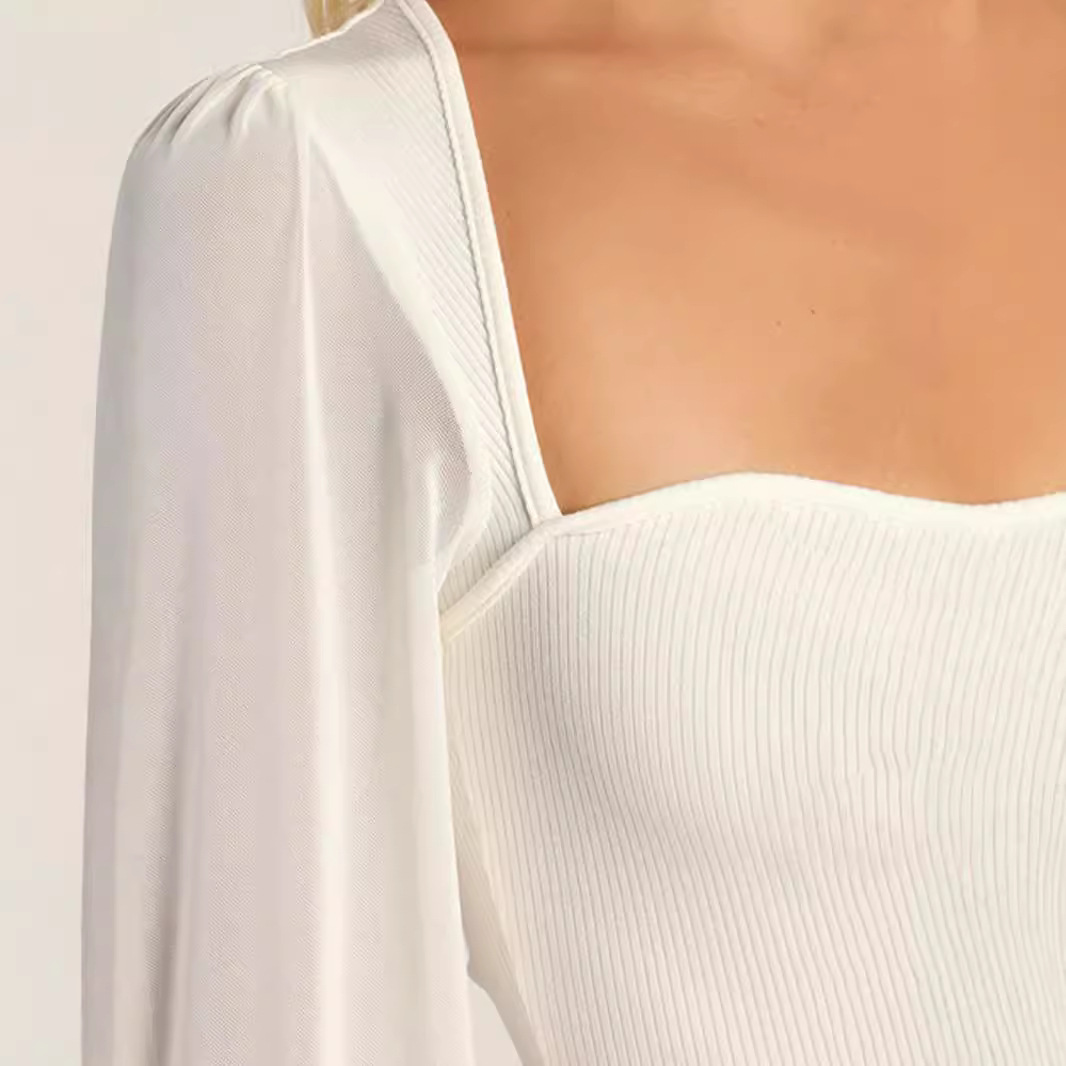Women's Sexy Fashionable Patchwork Mesh Bodysuit Autumn Lantern Sleeve Jumpsuit Romper_voghion.com