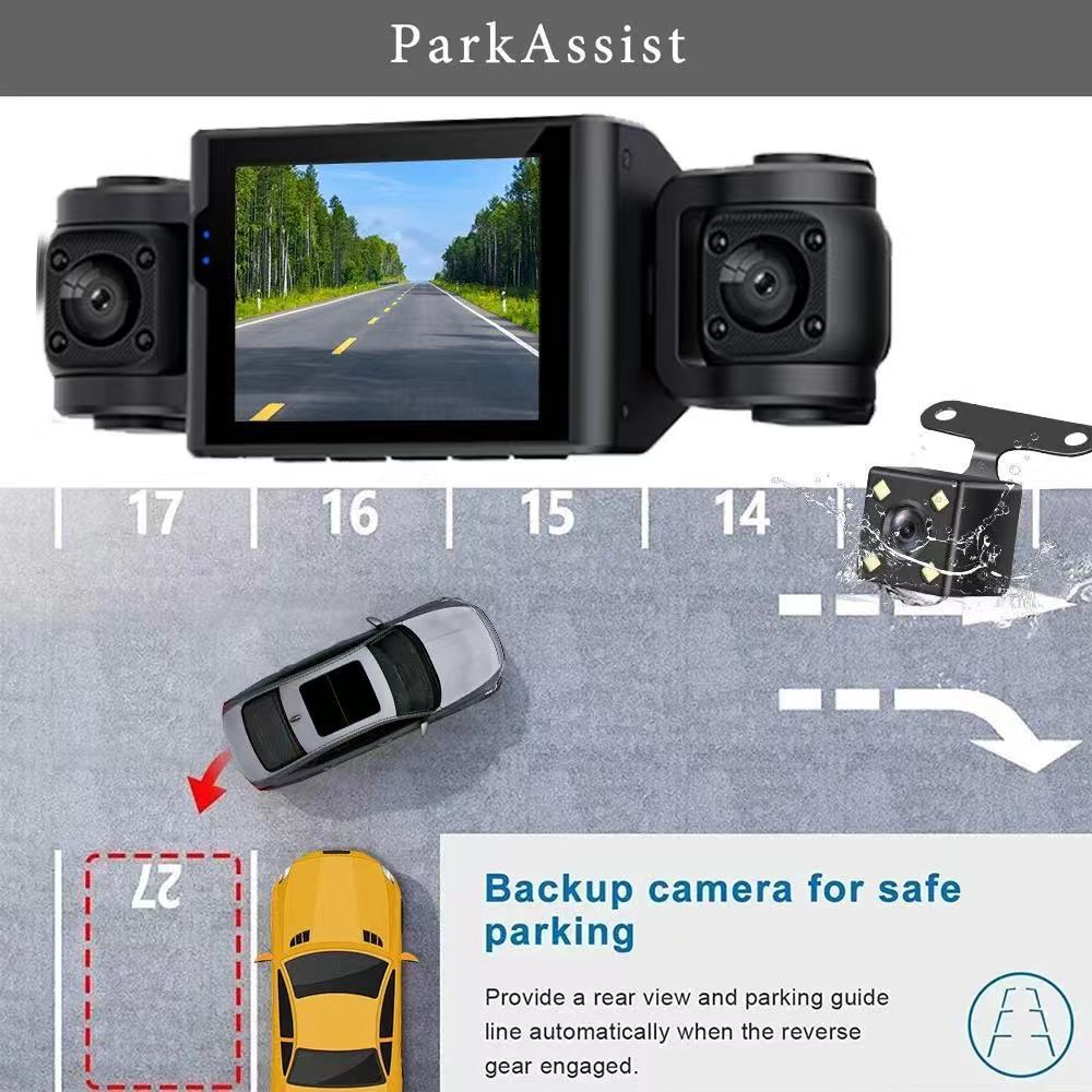 Four-lens dashcam with front and rear dual recording + four-way HD night vision for left and right blind spots, and app connectivity for reverse image display