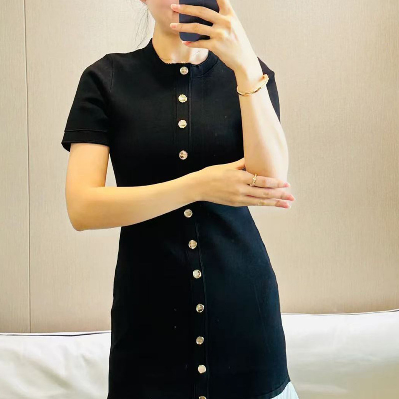 S home 25 early spring new women's crew neck short sleeve black and white stitching ruffled temperament slim fit sweater dress