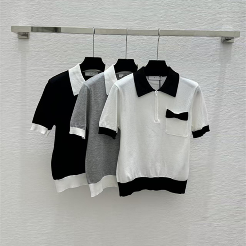 2026 Spring and Summer New Style Polo Shirt Top Black and White Contrast Color Lapel Half Zipper Short Style Versatile Knitted Short-Sleeved Women's Shirt 2026 Spring and Summer New Style Polo Shirt Top Black and White Contrast Color Lapel Half Zipper Short Style Versatile Knitted Short-Sleeved Women's Shirt