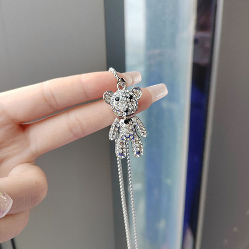 Cute full-diamond bear necklace long style cool trendy brand sweater chain pendant hip-hop personality necklace factory wholesale