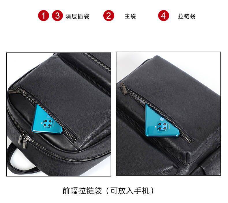 Ba lô da bò lớp đầu cho nam, kiểu dáng tối giản, đa chức năng, ngăn laptop 15 inch — Màu đen chi tiết 11