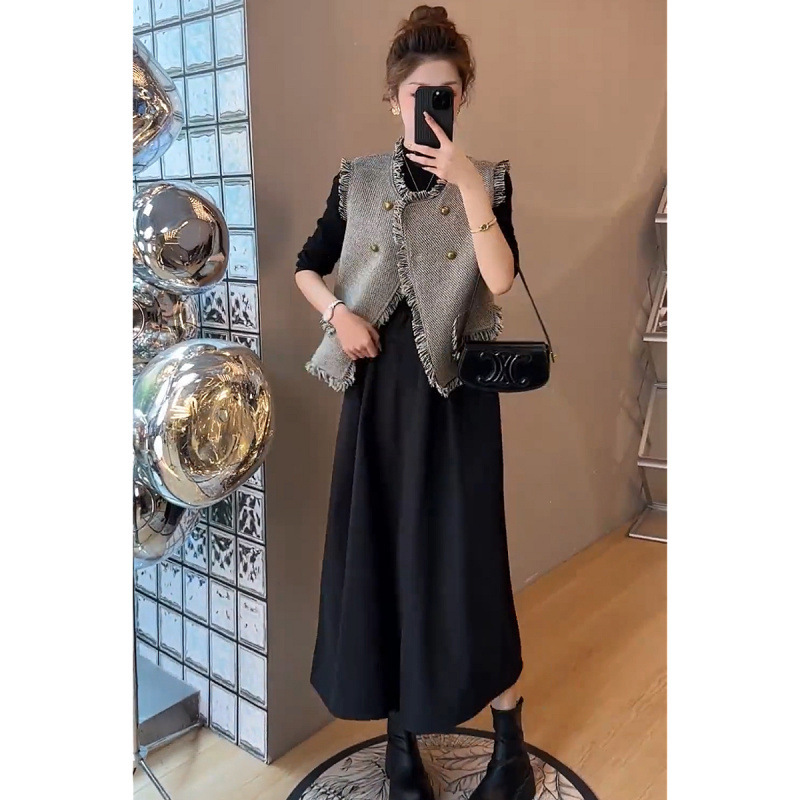 秋冬季哺乳衣外出辣妈款产后穿喂奶衣服小香风马甲+哺乳连衣裙|undefined
