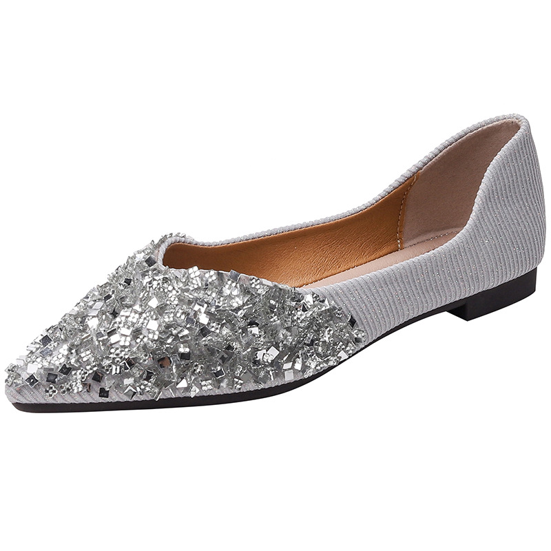 Zapatos de una sola capa de punta estrecha para mujeres 2023 Primavera y otoño nuevos zapatos planos de diamantes de imitación de boca baja zapatos de guisantes de fondo suave zapatos de mujer de talla grande 41-43