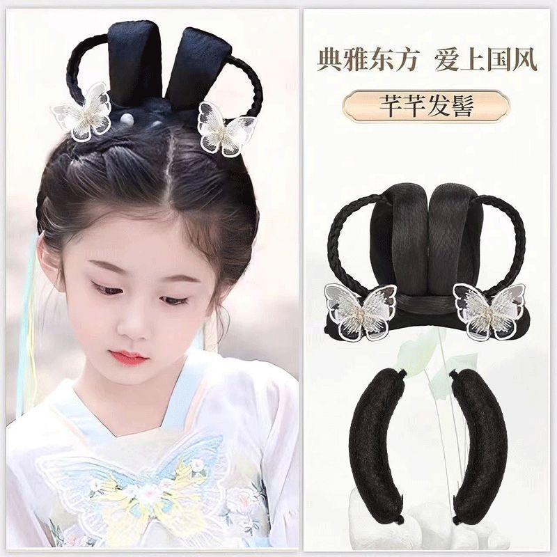 子供用古代衣装ヘアピース、かわいい女の子用漢服風ヘアピースセット、シンプルで多用途な古代風おだんごヘアバッグ|undefined