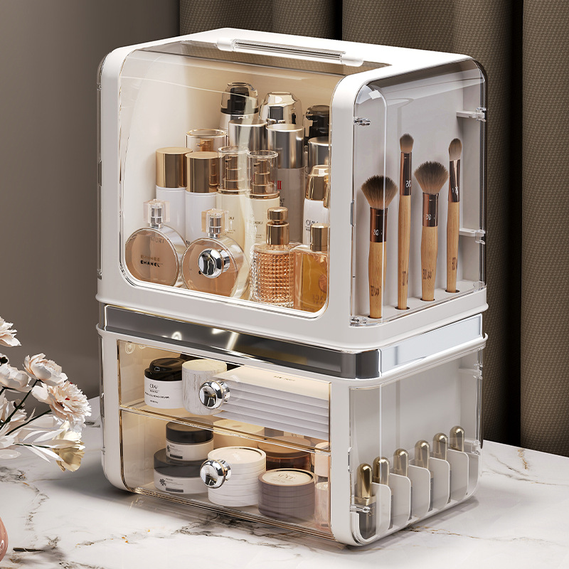 Caja de almacenamiento de cosméticos de escritorio multifuncional dividida en secciones estante de almacenamiento a prueba de polvo tipo cajón máscara de lápiz labial caja de almacenamiento