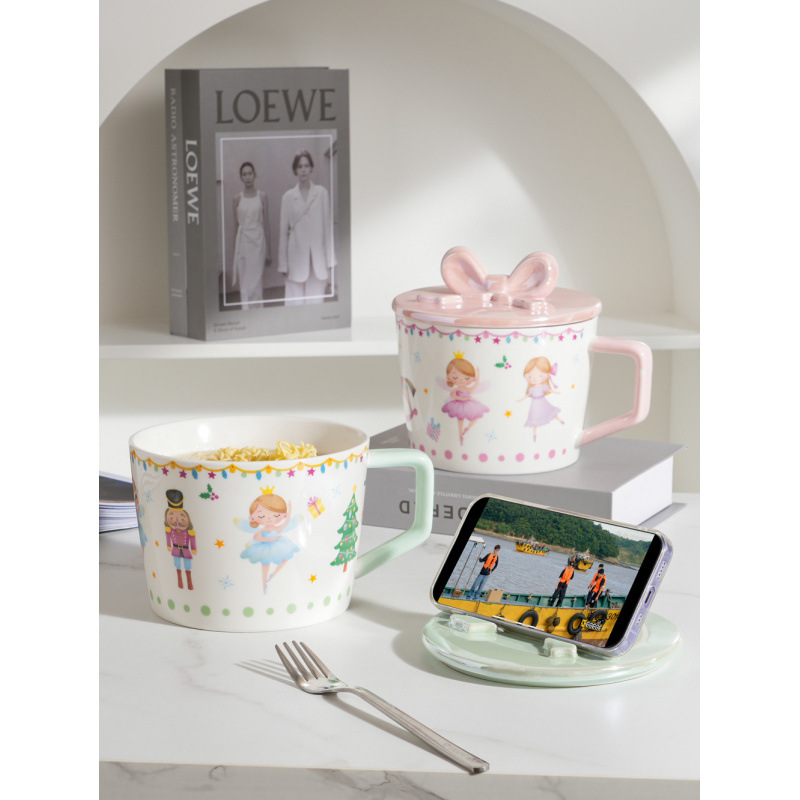 Pares de cerámica de alto valor de cara, bolsas de fideos de cerámica de niñas convenientes, tazas y tazones con soporte de teléfono móvil, cubierta de arco de lujo ligero