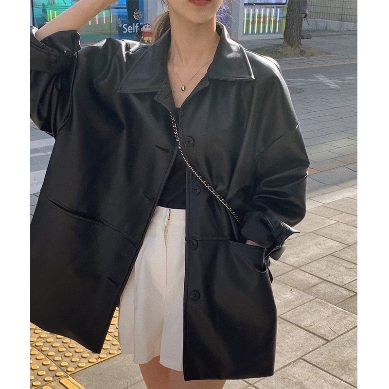 한국 잘 생긴 옷깃 싱글 브레스트 가죽 자켓 여성의 가을 새로운 느슨한 올매치 모방 가죽 자켓 탑