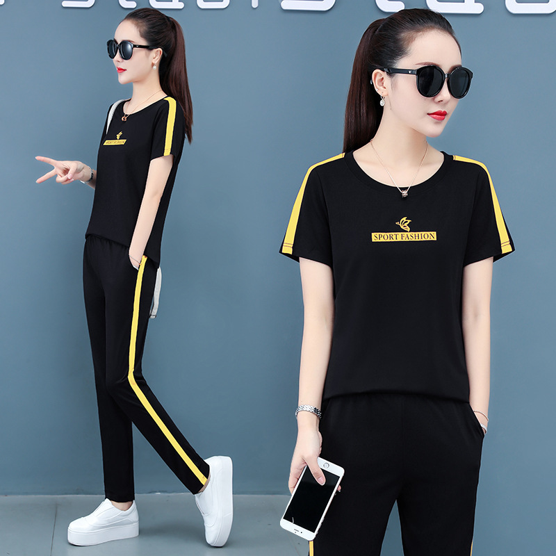 Pure Cotton Stretch Nine-Point Pants Fashion Casual Sports Suit for Women Summer Mom Style Loose Short-Sleeve T-Shirt Two-Piece Set