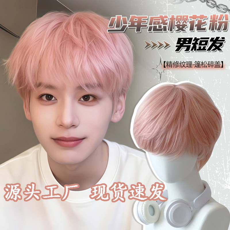 Pink Wig for Boys Full Headgear Natural Daily Differential Broken Cover Fluffy Korean Artificial Hair Men's Wig Set