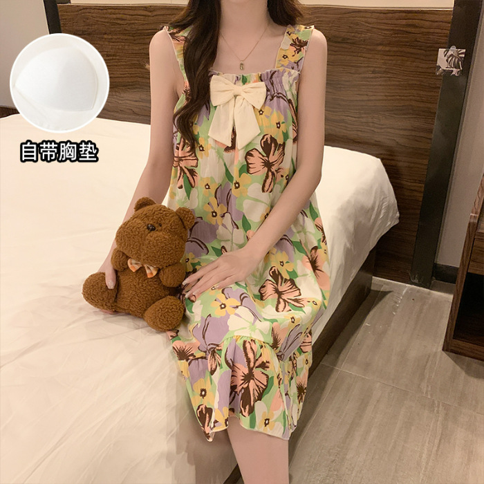 2025 pijamas de verano de niñas sin mangas de encaje dulce vestido de pijama nubes de algodón cinturón cojín de pecho flor triturada dulce ropa de viento para el hogar