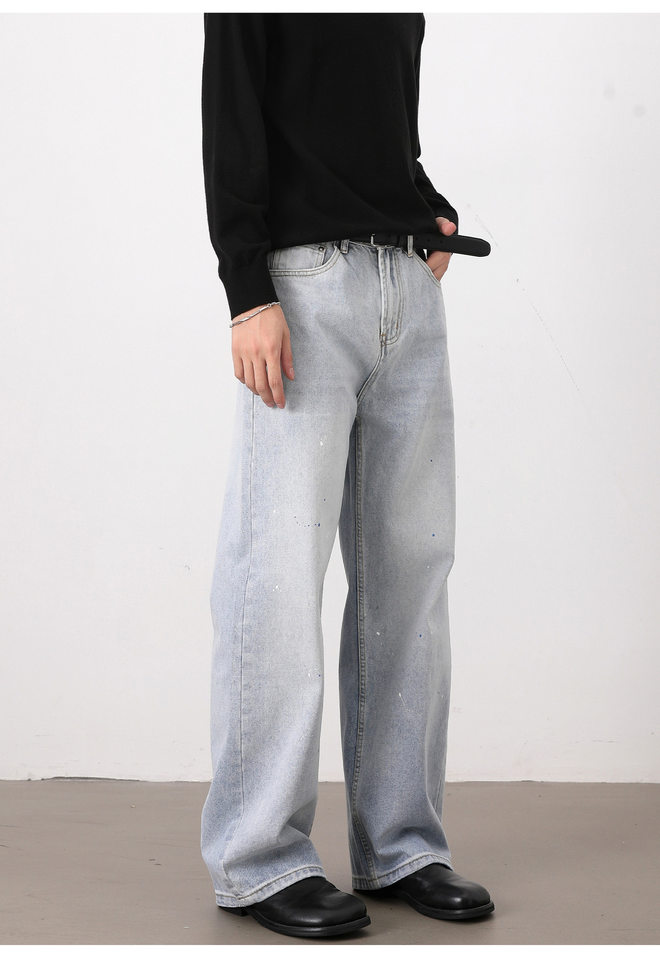 Quần jeans nam ống rộng dáng suông giặt mài họa tiết vẩy mực — Màu xanh dương chi tiết 17
