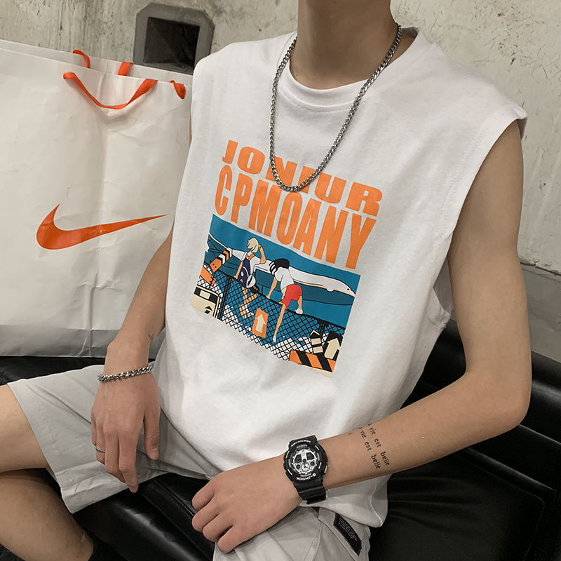 Summer Hong Kong Vest Male Ins Student Personality Sleeveless Trend Loose T-Shirt Round Needle Macent Sports Ball