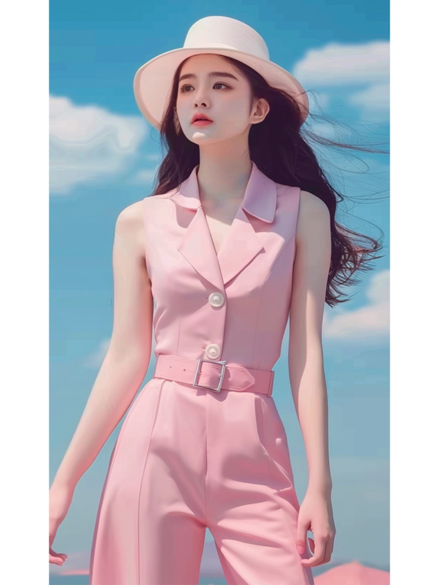 Bộ jumpsuit nữ dài tay màu hồng phong cách dopamine mùa hè cao cấp — Màu hồng