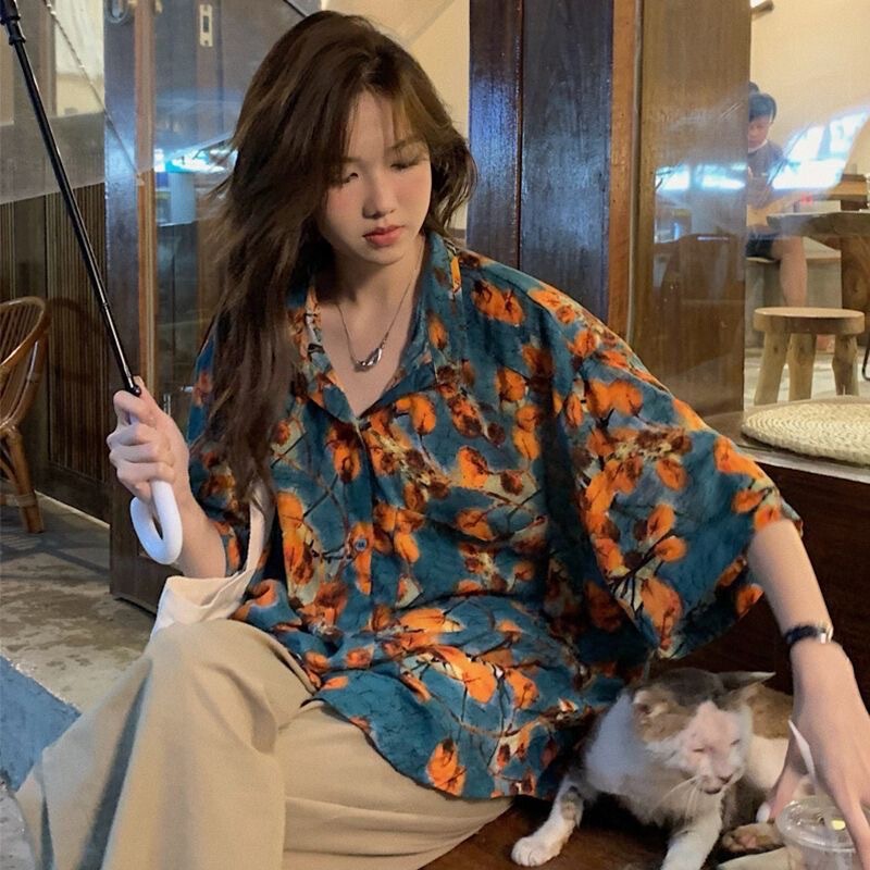 Hawaiian Port Style Vintage Floral Shirt Top Summer Chic Small Shirt French Loose Short-sleeved Shirt for Women