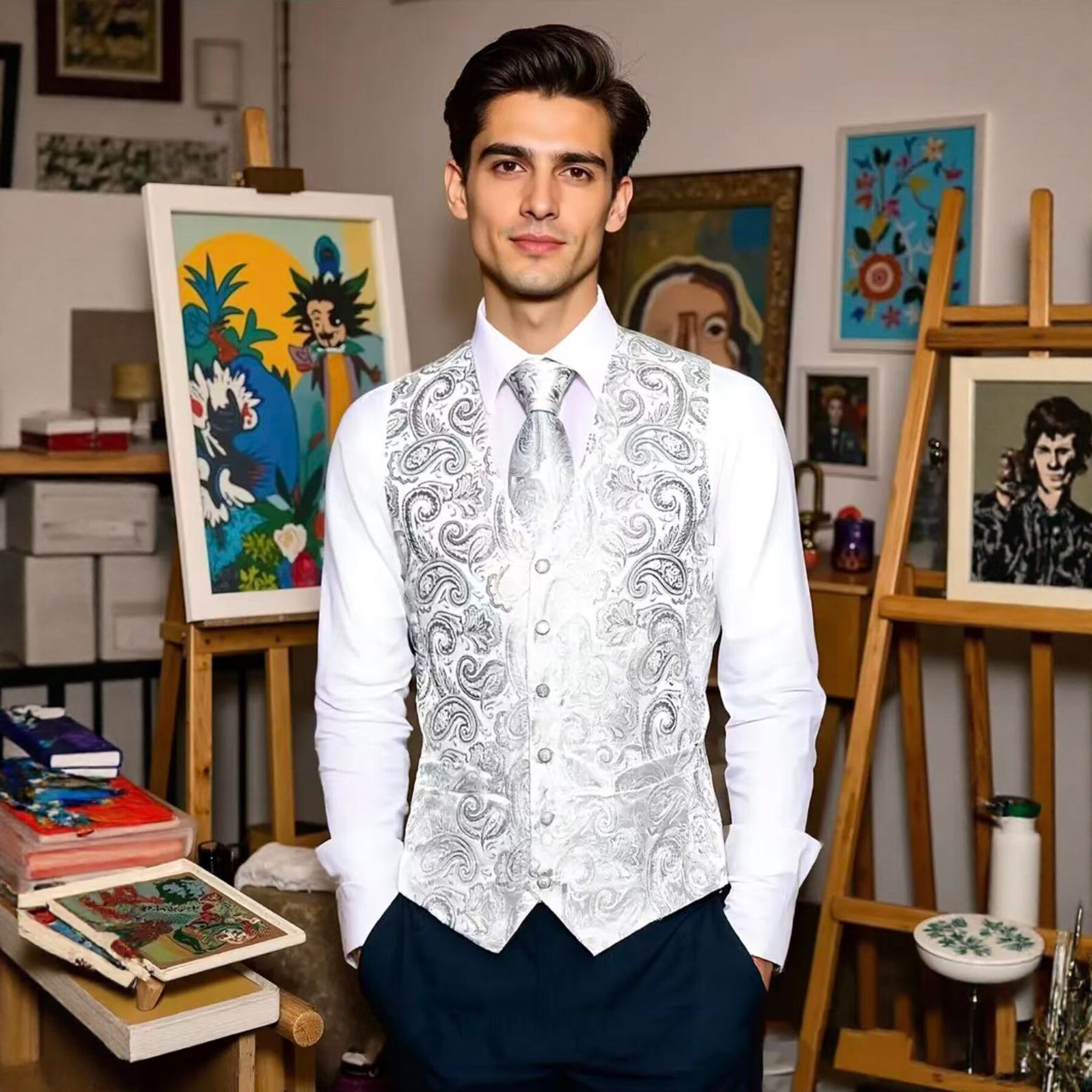 Anzugset mit Weste, Krawatte, Einstecktuch und Manschettenknöpfen im Paisley-Muster für Herren – Business Casual, Hochzeitskleidung_voghion.com