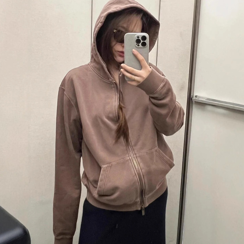 Miu-Style Retro Washed Cleanfit Maillard Brown 006 Hooded Sweatshirt Cardigan for Trendy Girls and Boys in Spring and Autumn Miu-Style Retro Washed Cleanfit Maillard Brown 006 Hooded Sweatshirt Cardigan for Trendy Girls and Boys in Spring and Autumn